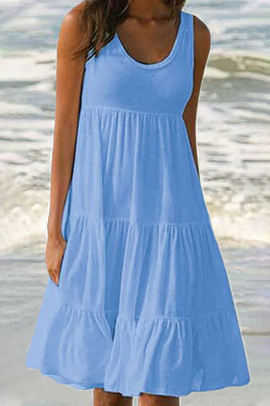 Amanda - Vestido de gola redonda com saia em tons pastel em patchwork liso, suave e moderno