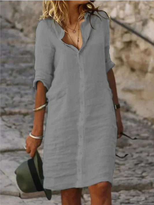 Miriam - Vestidos de algodão simples com botões de lapela e meia manga